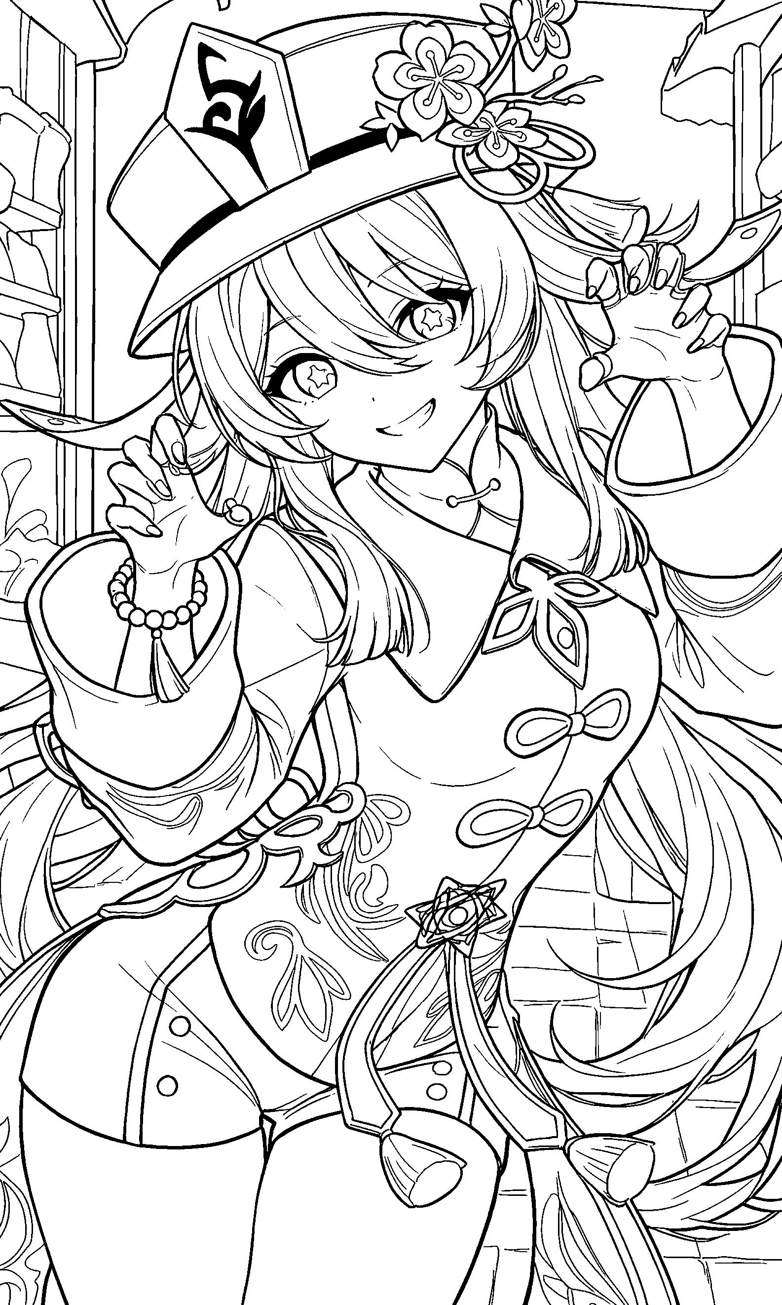 hu tao ghostly pose genshin impact anime line art