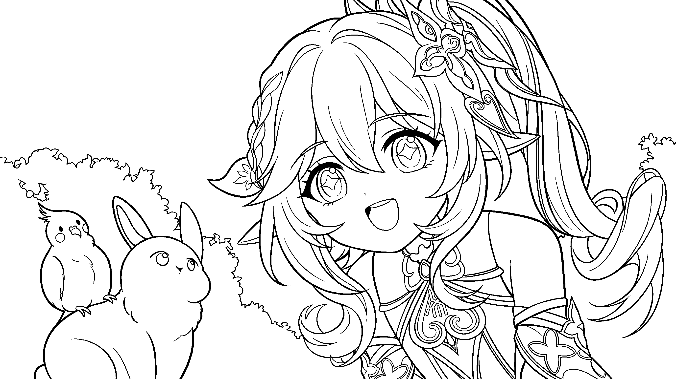nahida forest animals genshin impact chibi line art
