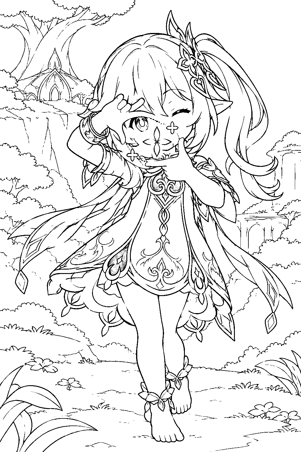 genshin impact nahida aiming her dendro skill through a frame made with her hands line art