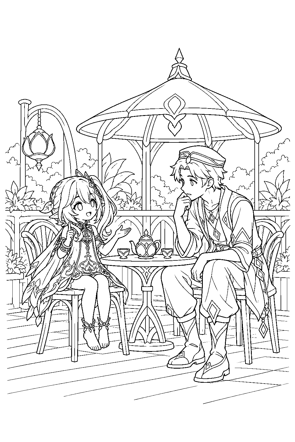 genshin impact nahida answering pedrush s questions at puspa cafe line art