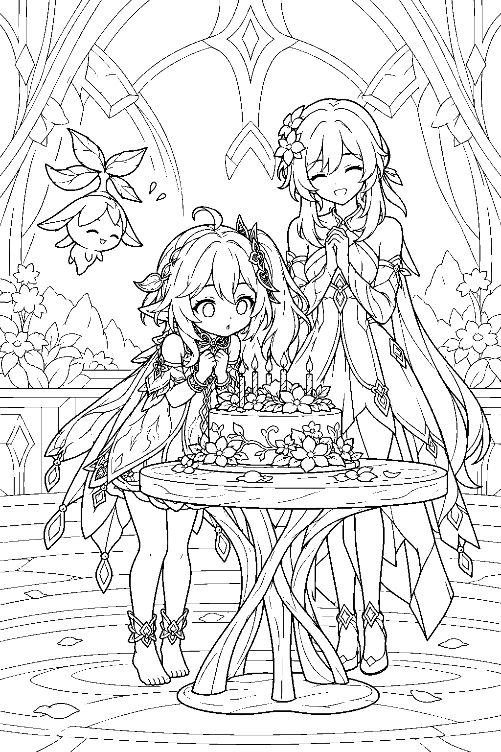 genshin impact nahida blowing out candles on a birthday cake decorated with flowers line art