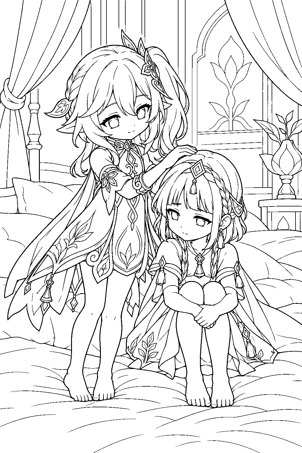 genshin impact nahida comforting young dunyarzad in a bedroom dream line art