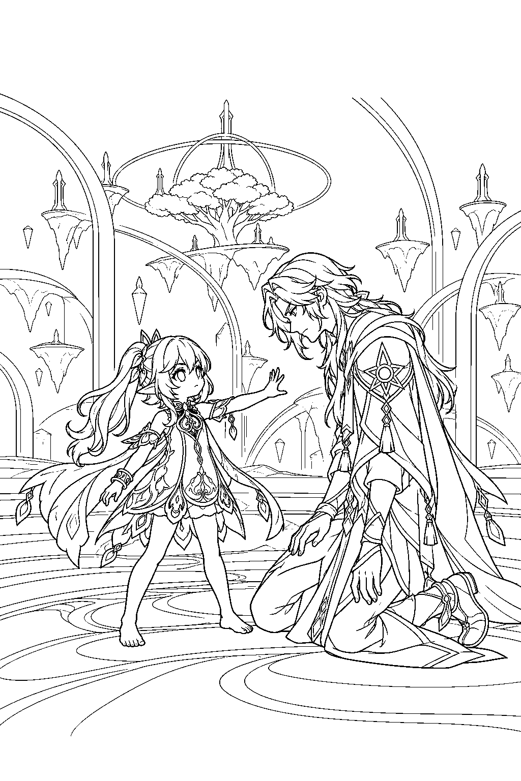 genshin impact nahida confronting moseis inside his shared dream line art