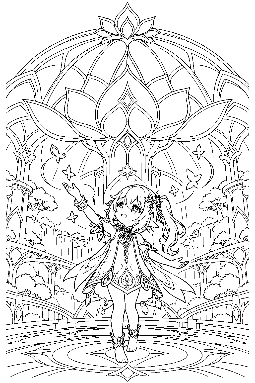 genshin impact nahida creating the shrine of maya beneath a giant lotus dome line art