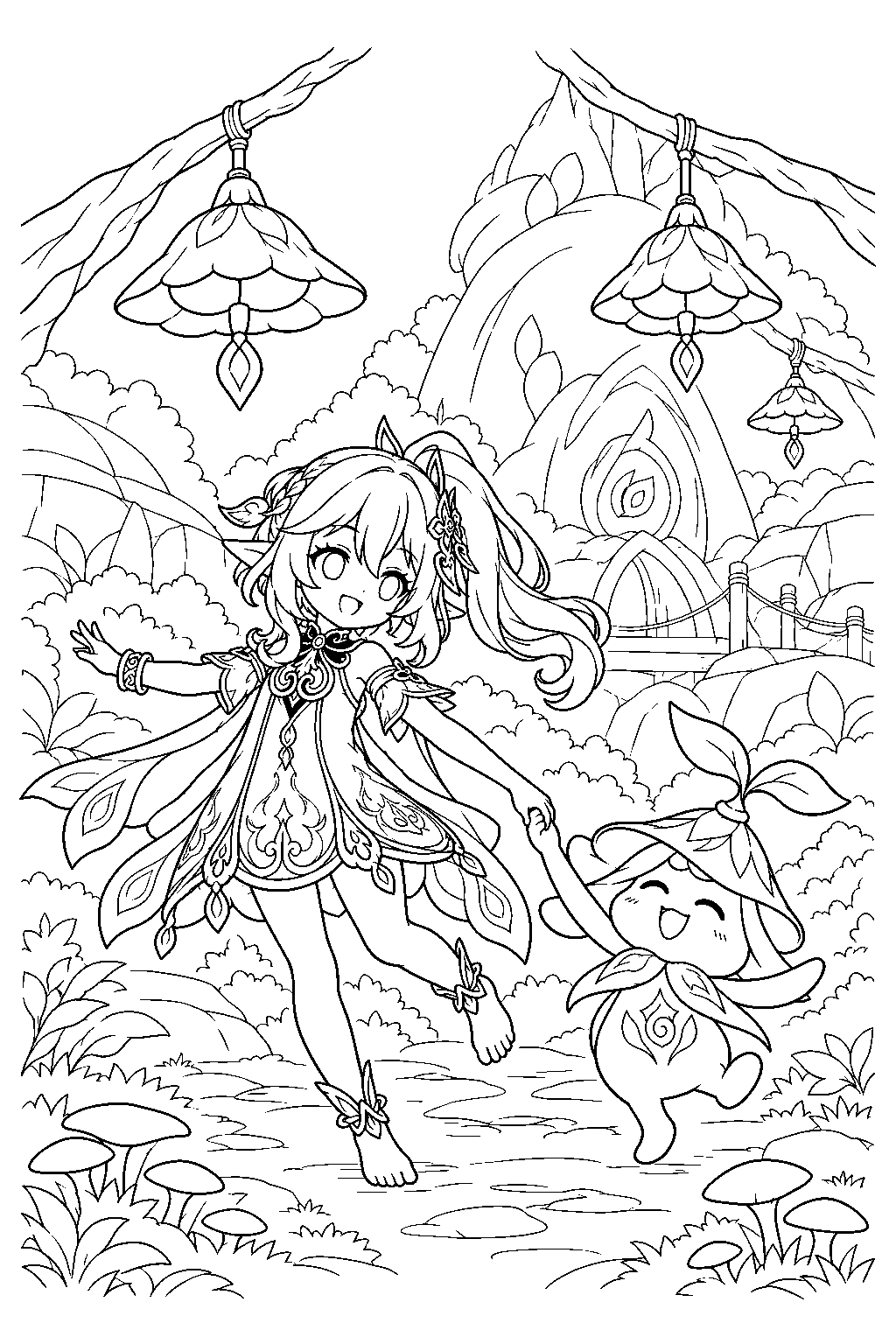 genshin impact nahida dancing with an aranara beneath mushroom lanterns in vanarana line art