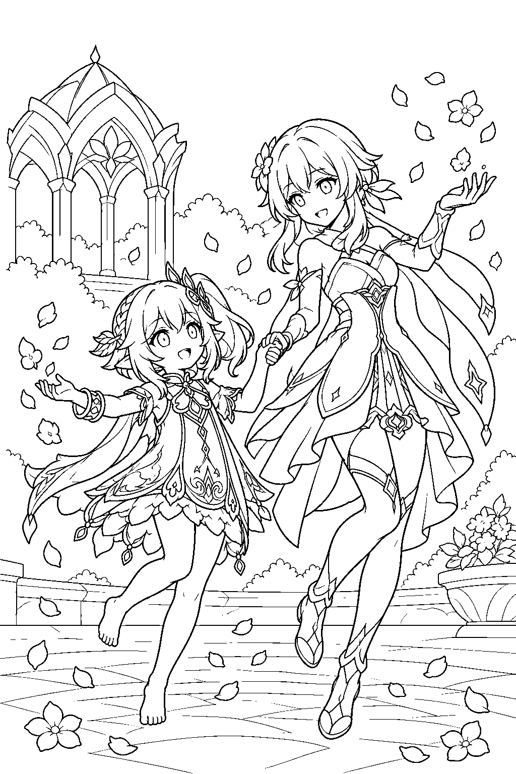 genshin impact nahida dancing with lumine while scattering padisarah petals line art