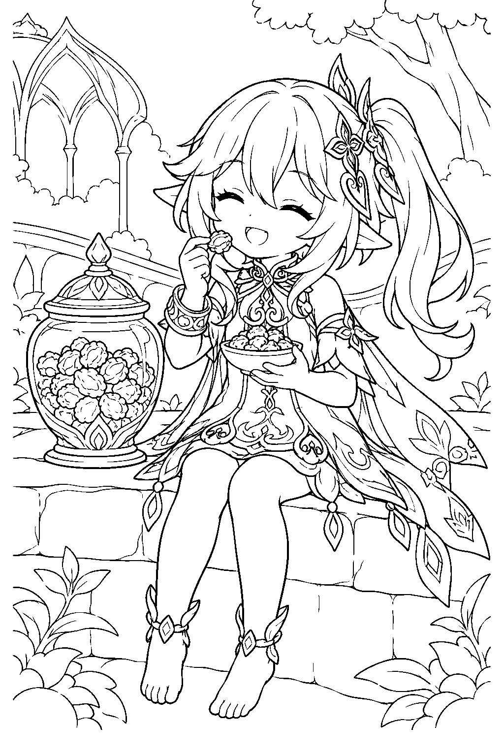 genshin impact nahida enjoying candied ajilenakh nuts beside a candy jar line art