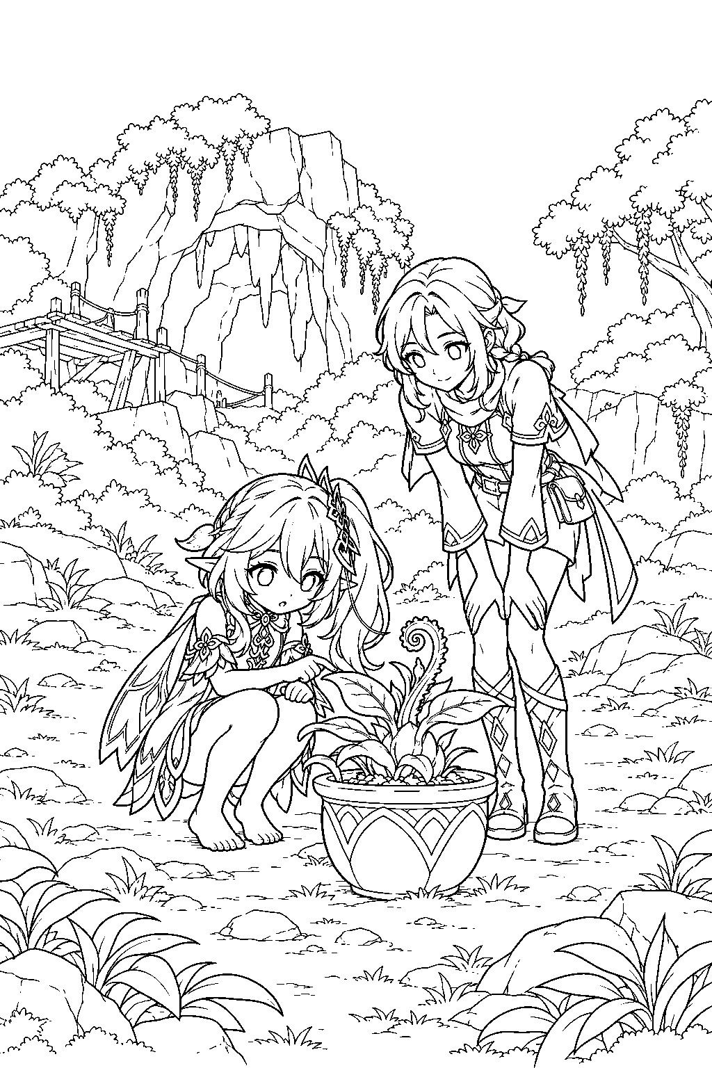 genshin impact nahida examining kathya s unusual potted plant near chatrakam cave line art