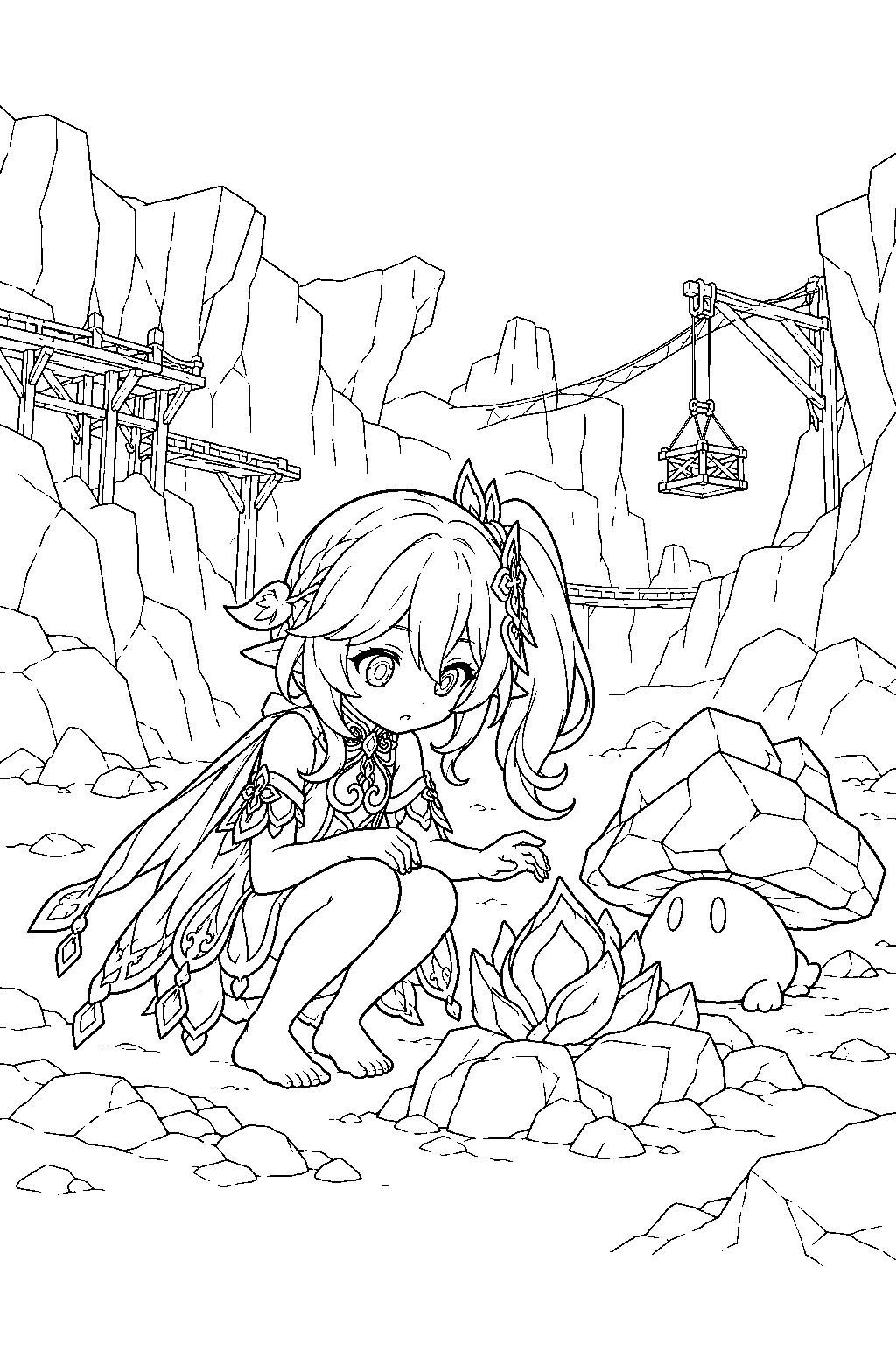 genshin impact nahida examining the fire seed beside a grounded geoshroom in the chasm line art