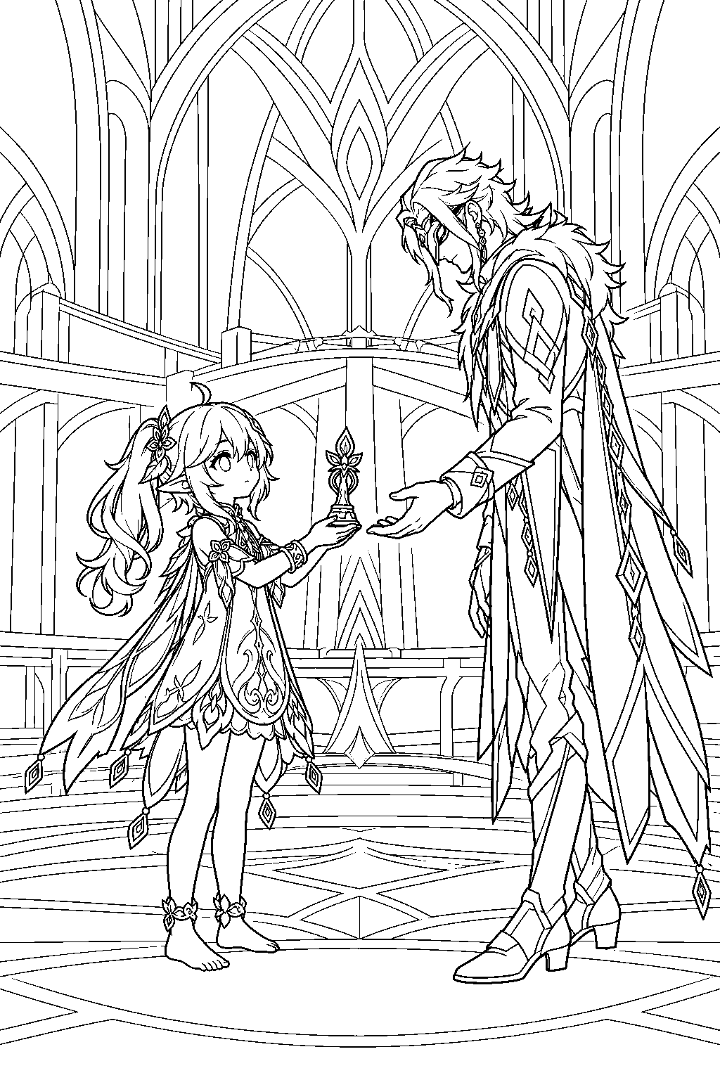 genshin impact nahida exchanging the dendro gnosis with dottore in the sanctuary of surasthana line art