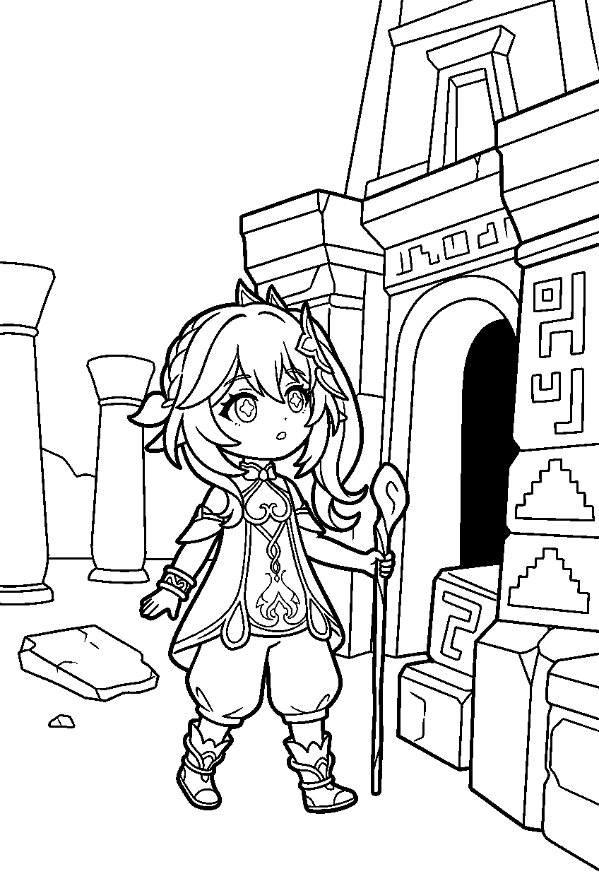 genshin impact nahida exploring in king deshret ruins line art