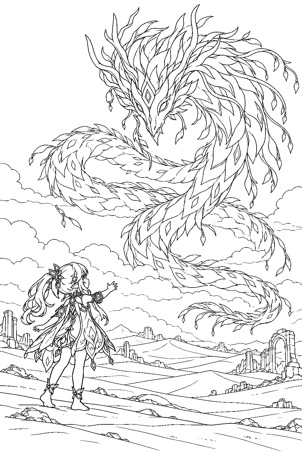 genshin impact nahida facing apep as the dendro dragon rises above the desert dunes line art