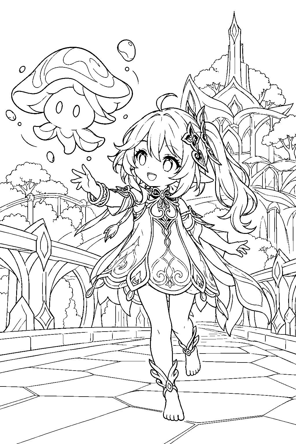 genshin impact nahida following a floating hydro fungus across the sumeru city bridge line art