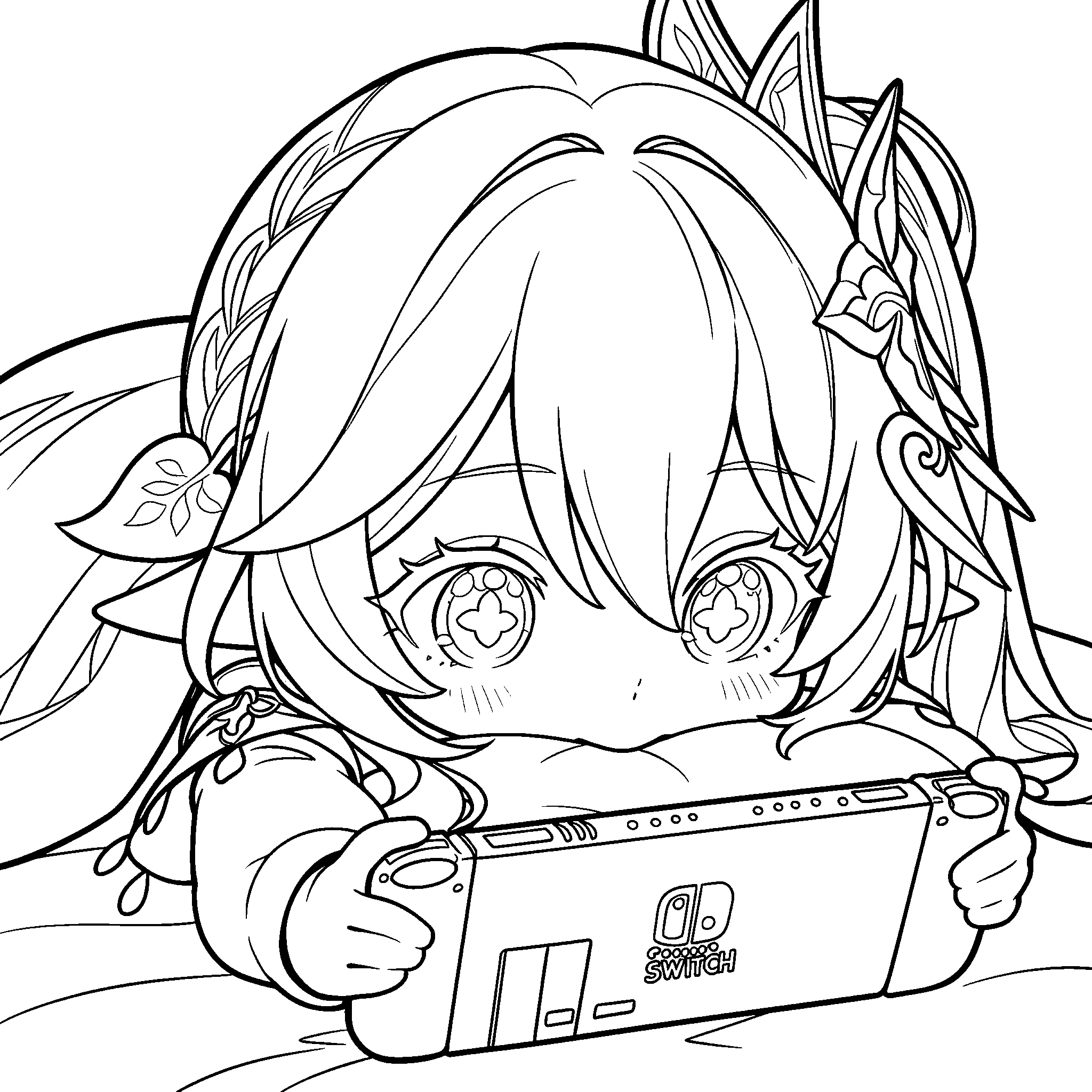 genshin impact nahida gamer line art cute chibi playing console