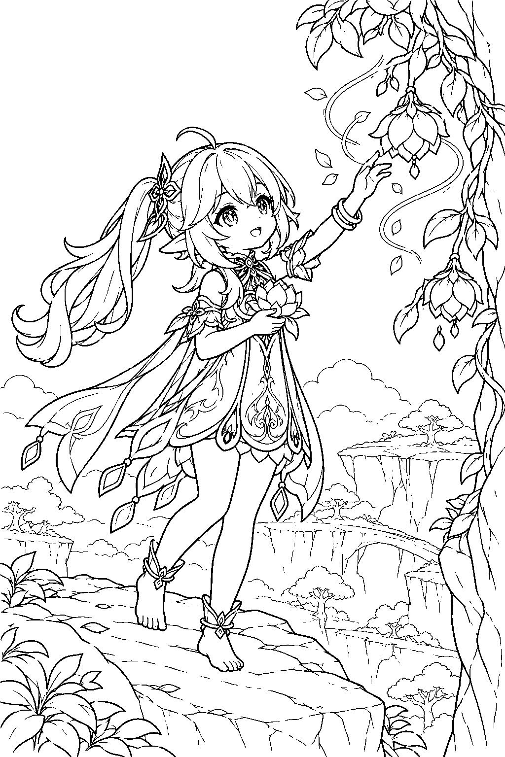 genshin impact nahida gathering kalpalata lotus from a cliff with dendro magic line art