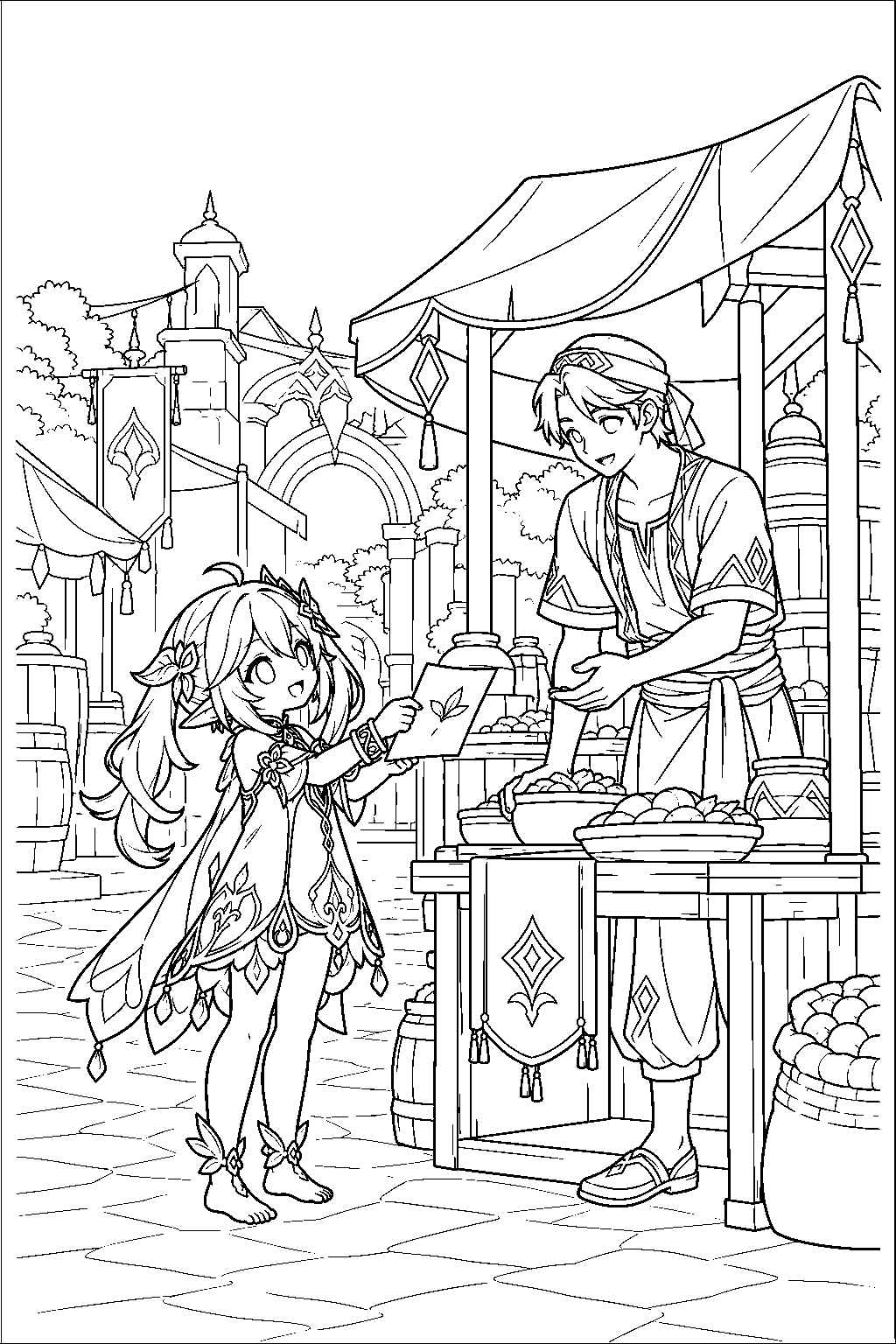 genshin impact nahida giving a recipe to a food vendor on treasures street line art