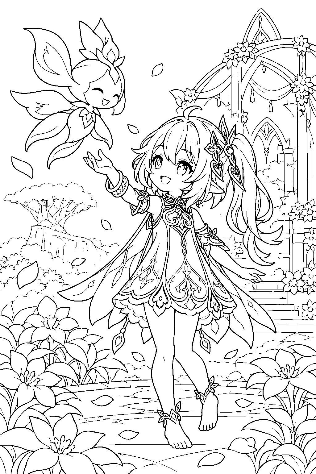 genshin impact nahida greeting a floating pari among sabzeruz festival flowers line art