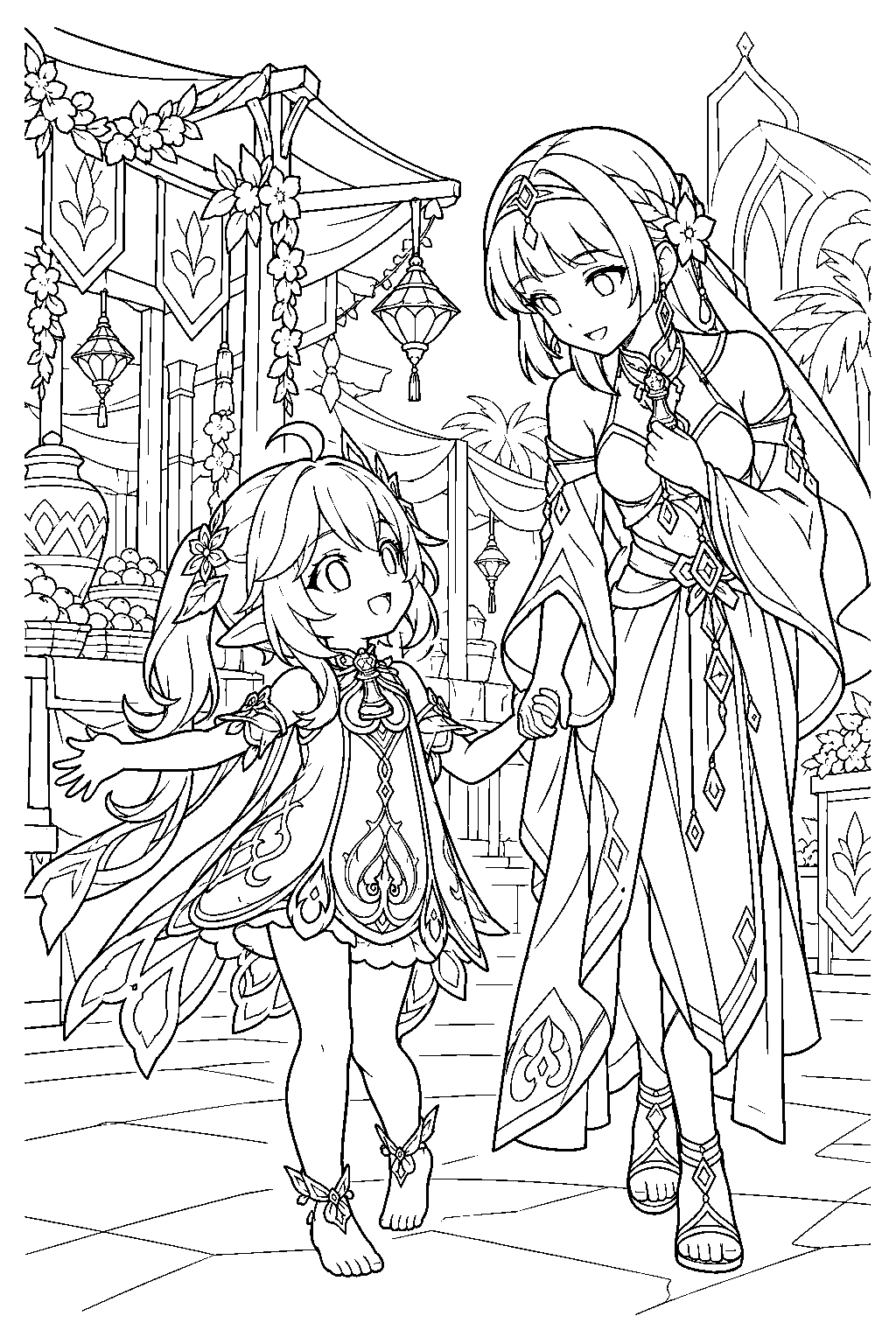 genshin impact nahida greeting dunyarzad beside the decorated sabzeruz festival stalls line art