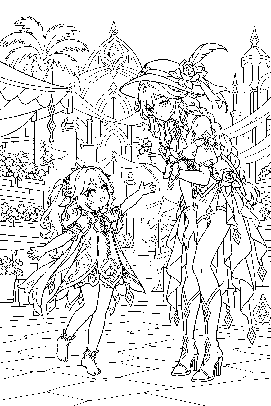 genshin impact nahida greeting the knight of flowers at the grand bazaar line art
