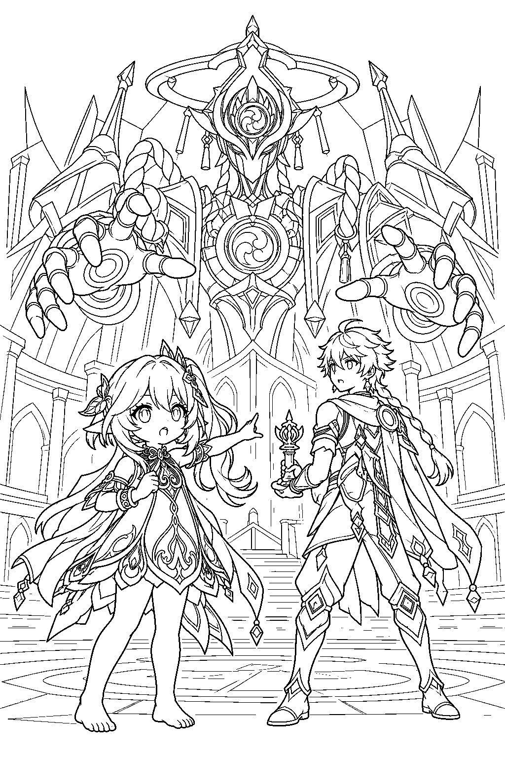genshin impact nahida guiding aether and the neo akasha terminal against shouki no kami line art