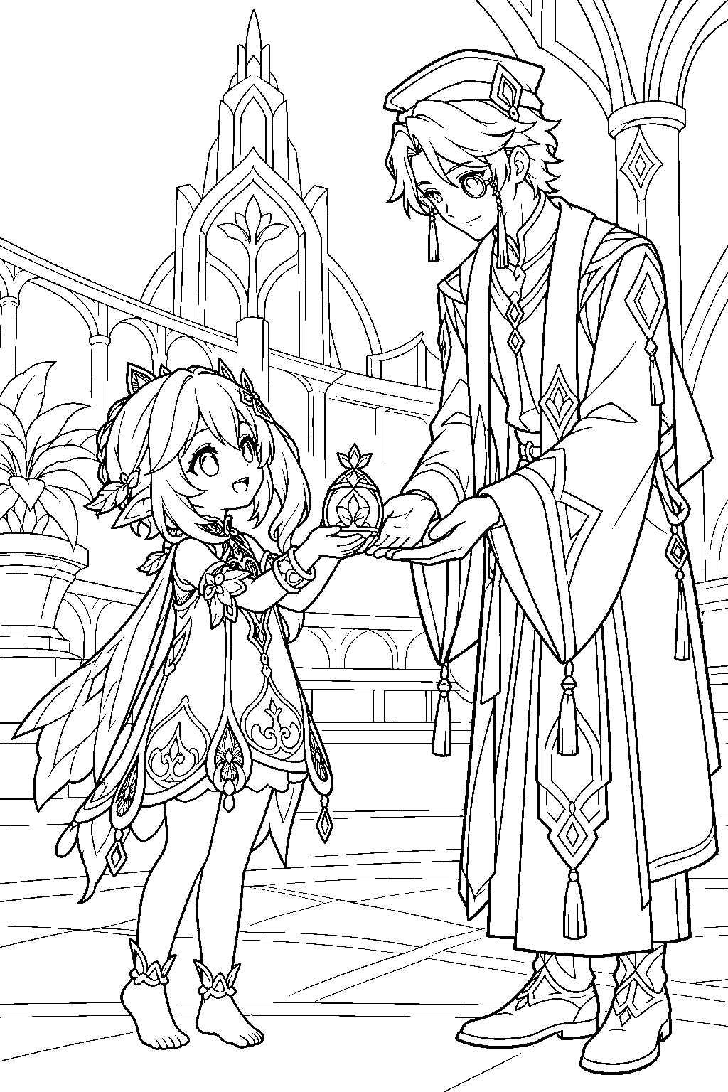 genshin impact nahida handing a knowledge capsule to a scholar at the akademiya line art