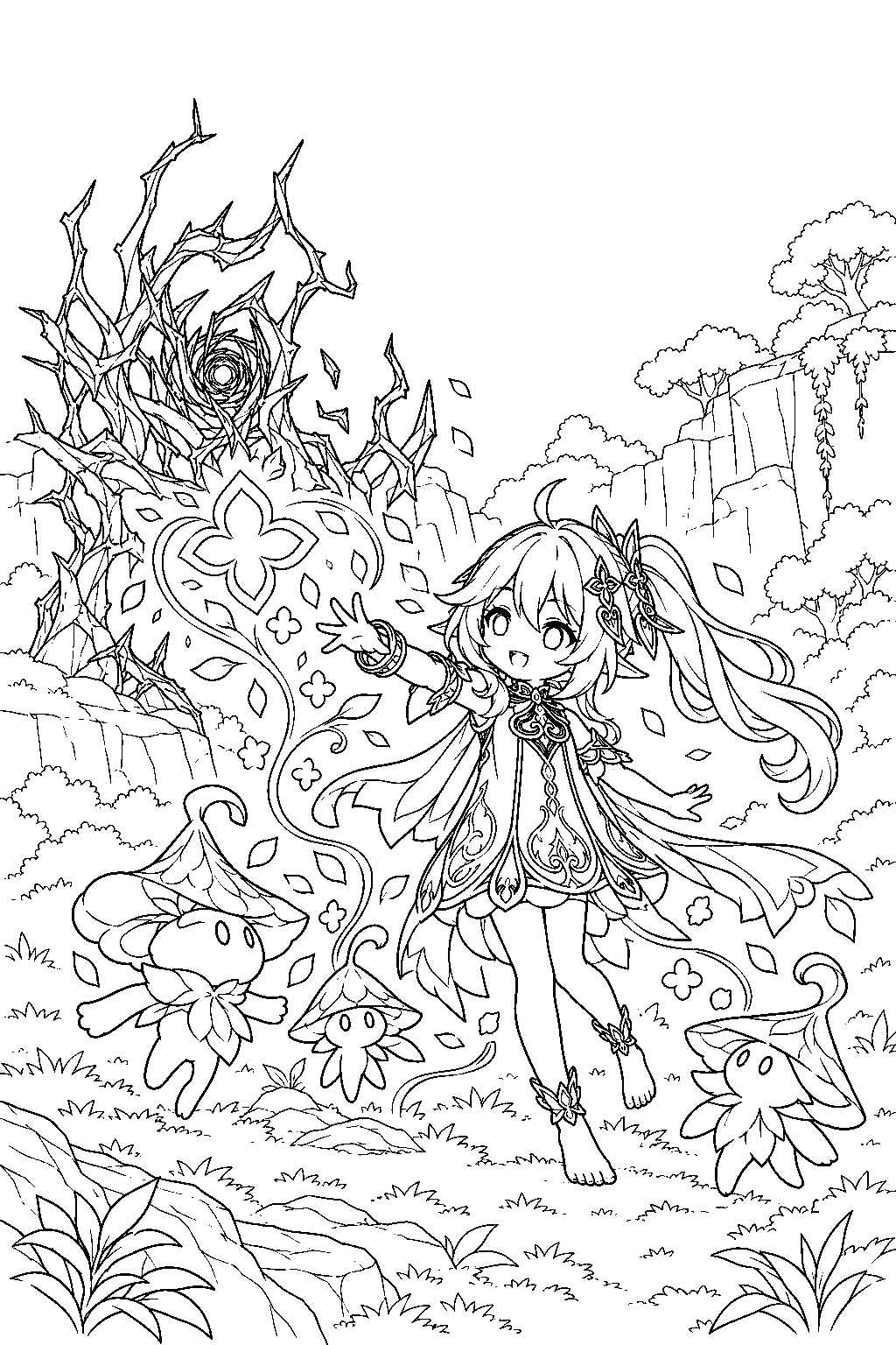 genshin impact nahida helping clear a withering zone with elemental fungi line art