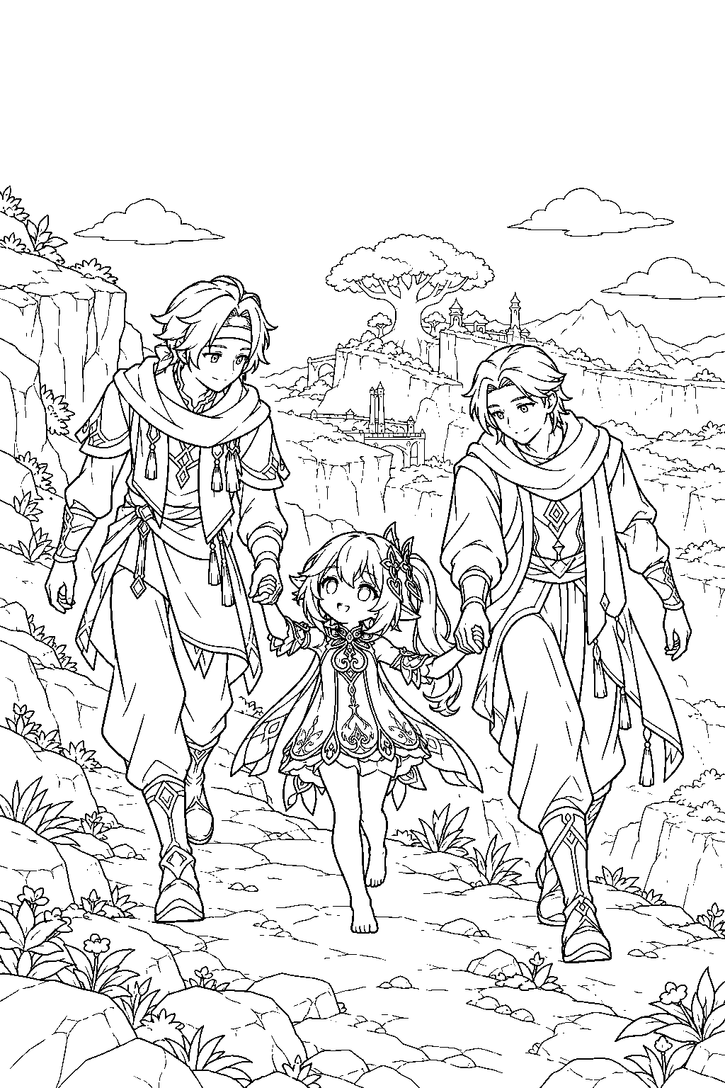 genshin impact nahida helping ilman and haydar return from a cliffside dream line art