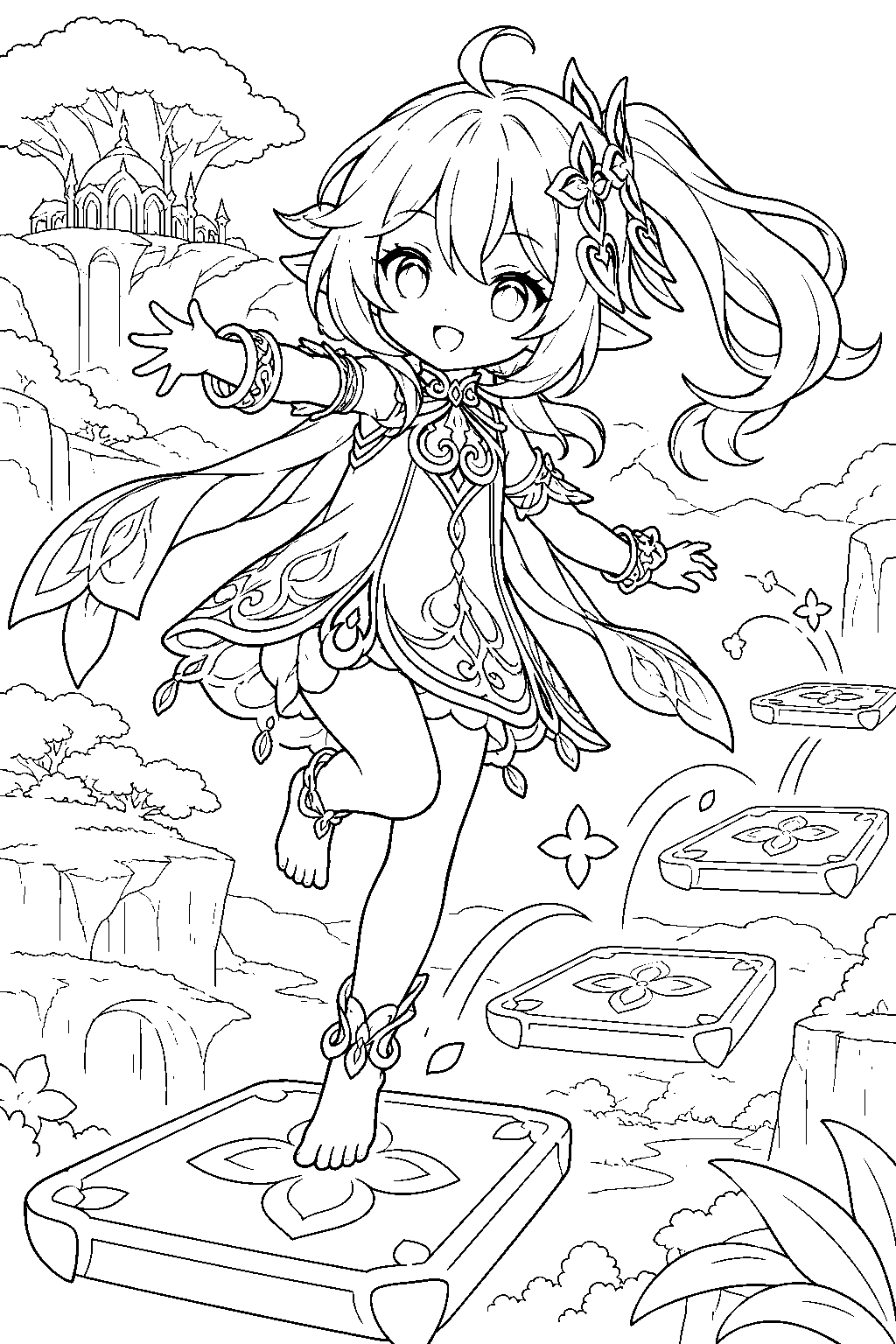 genshin impact nahida hopping across dendro squares during her normal attack line art
