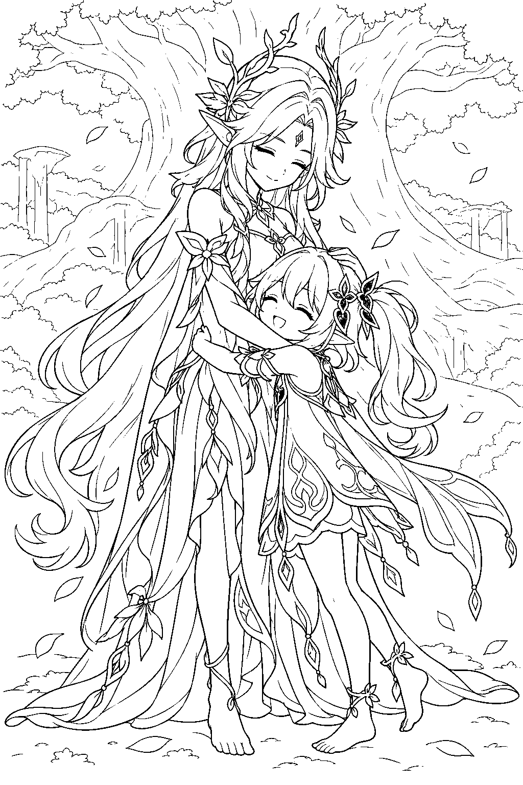 genshin impact nahida hugging greater lord rukkhadevata beneath irminsul line art