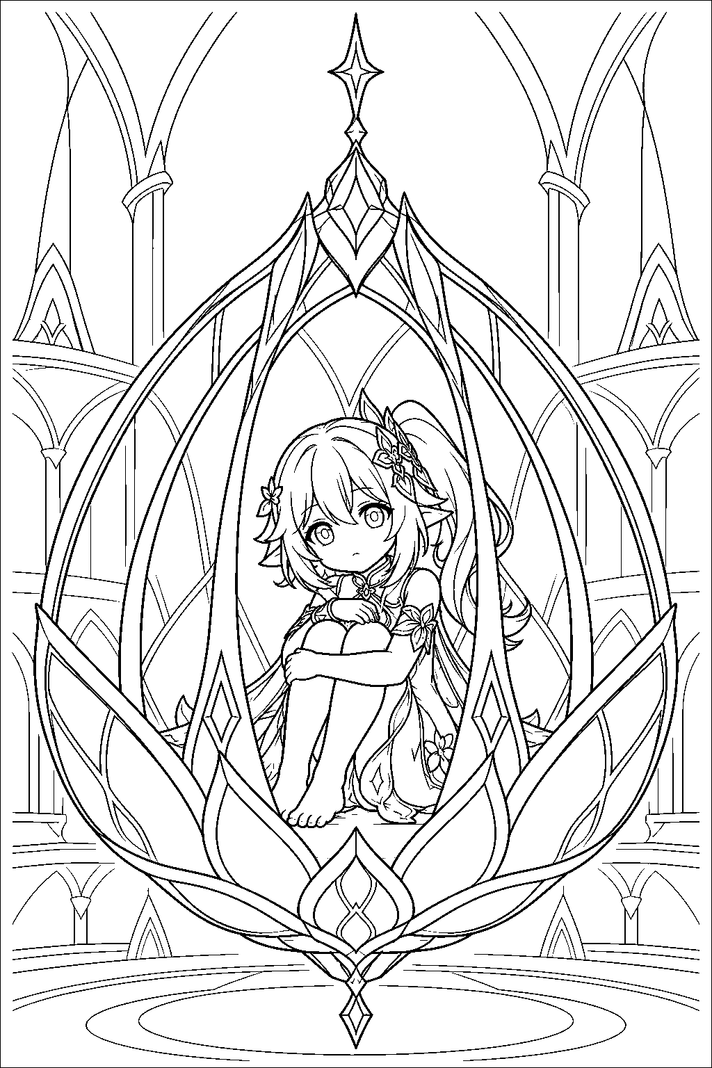 genshin impact nahida inside her lotus shaped prison in the sanctuary of surasthana line art