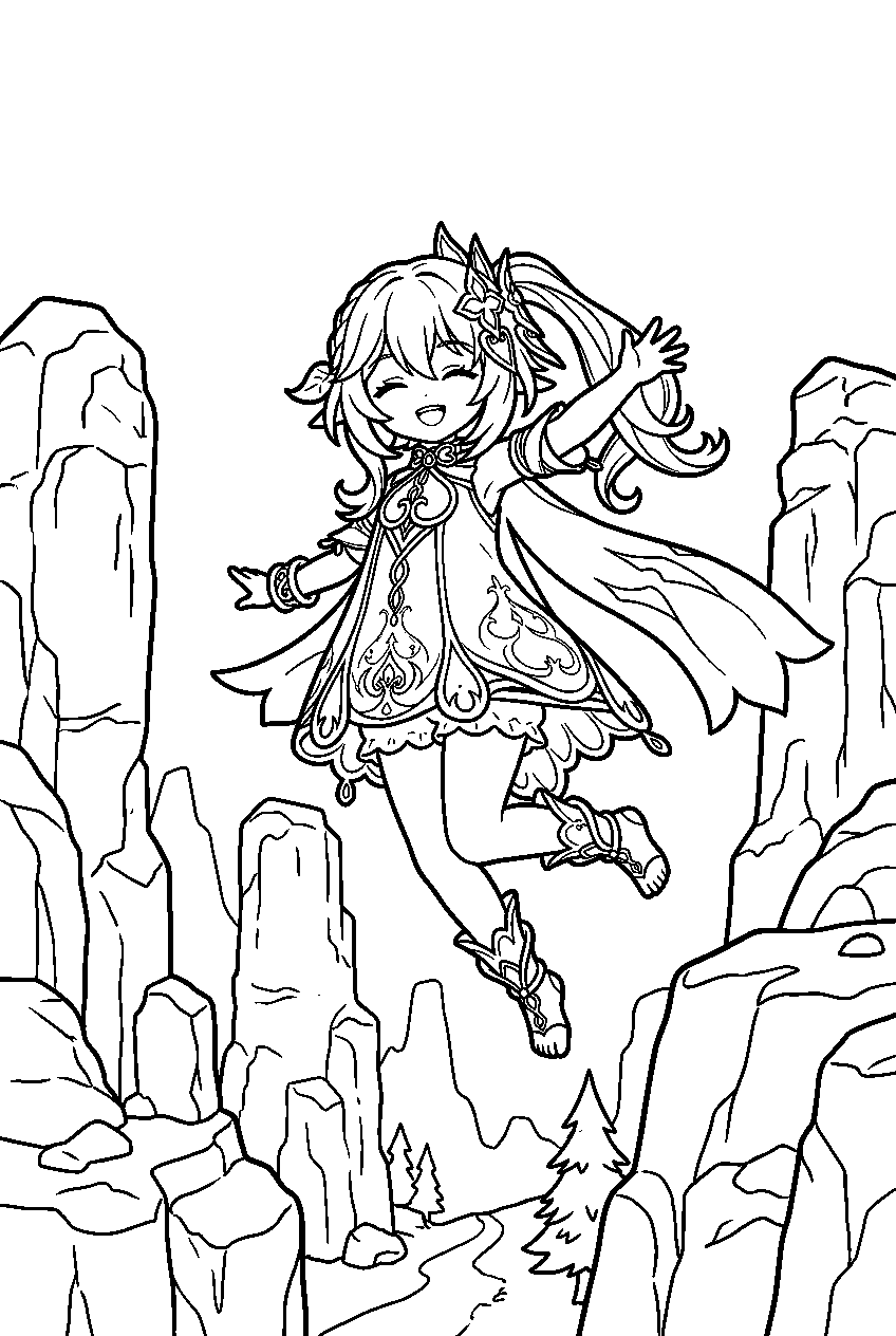 genshin impact nahida jumping among stone forests of liyue line art