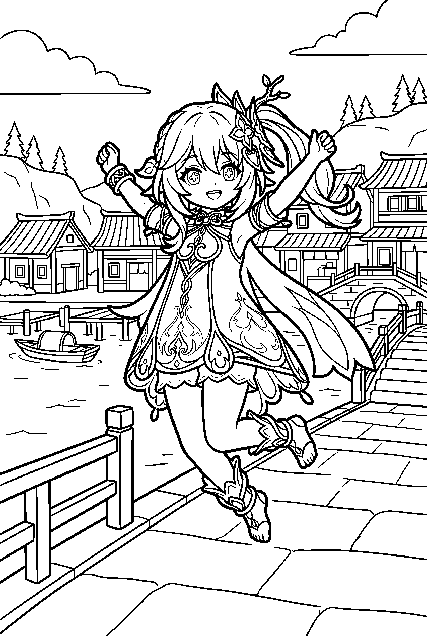 genshin impact nahida jumping in liyue harbor line art
