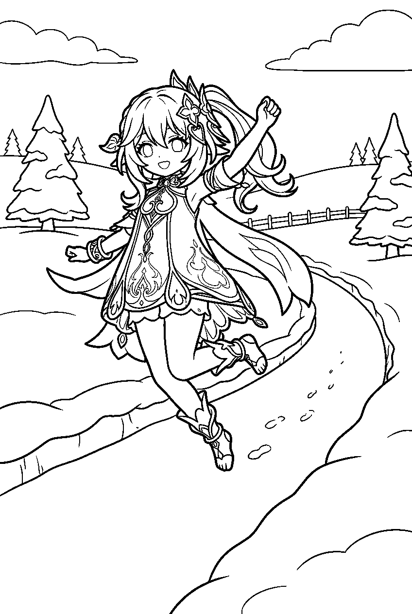 genshin impact nahida jumping in snow covered path line art