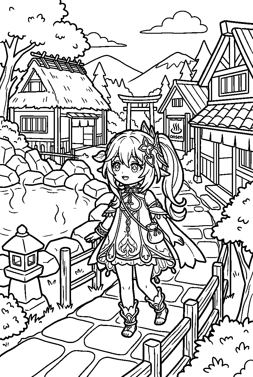 genshin impact nahida looking around in hot spring village line art