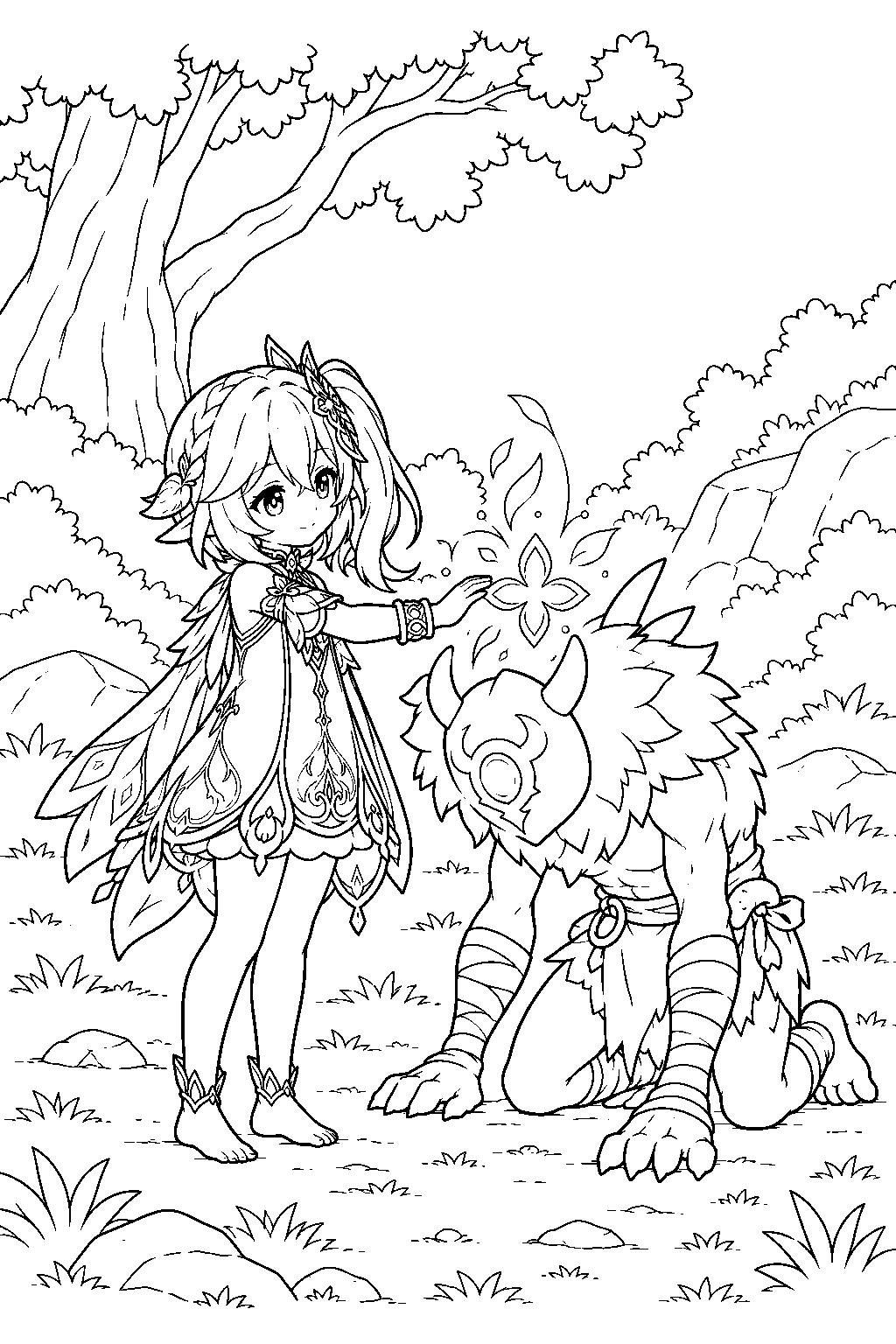 genshin impact nahida marking a hilichurl with the seed of skandha in a forest clearing line art