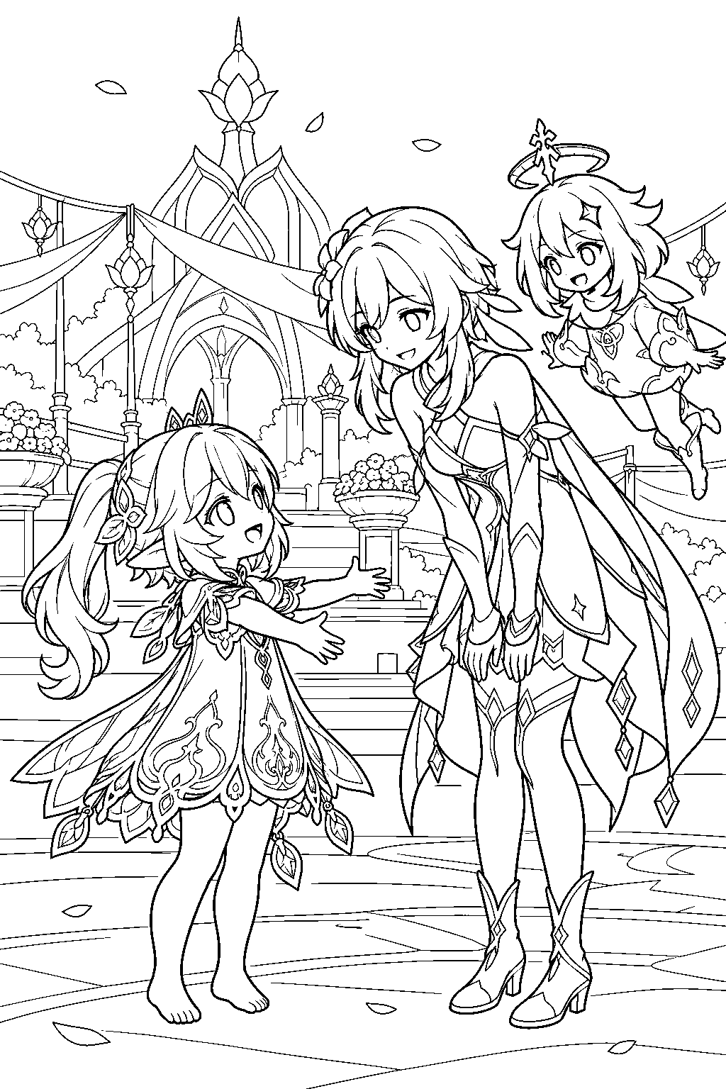 genshin impact nahida meeting lumine and paimon in the sabzeruz festival dream line art