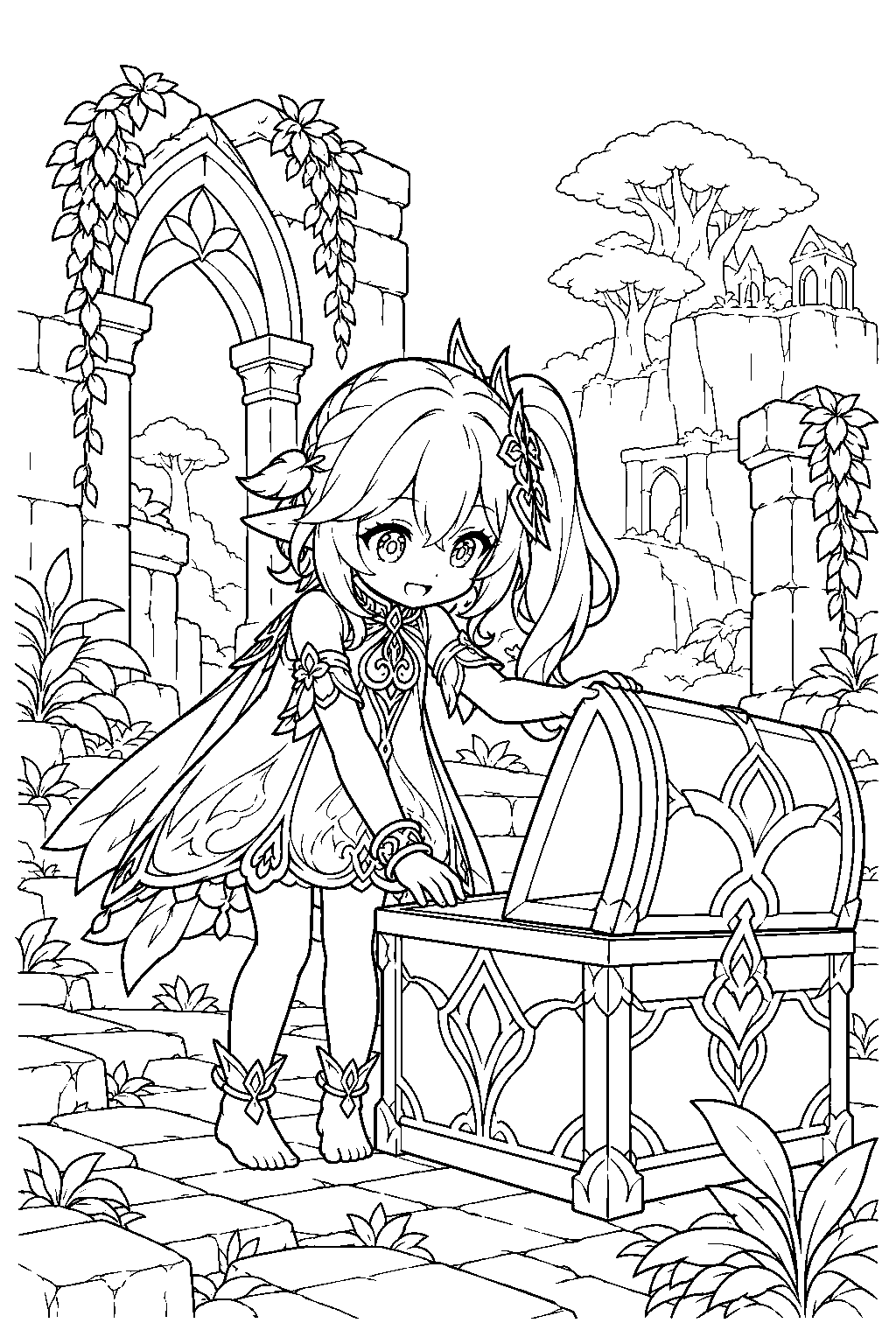 genshin impact nahida opening a treasure chest among sumeru ruins line art
