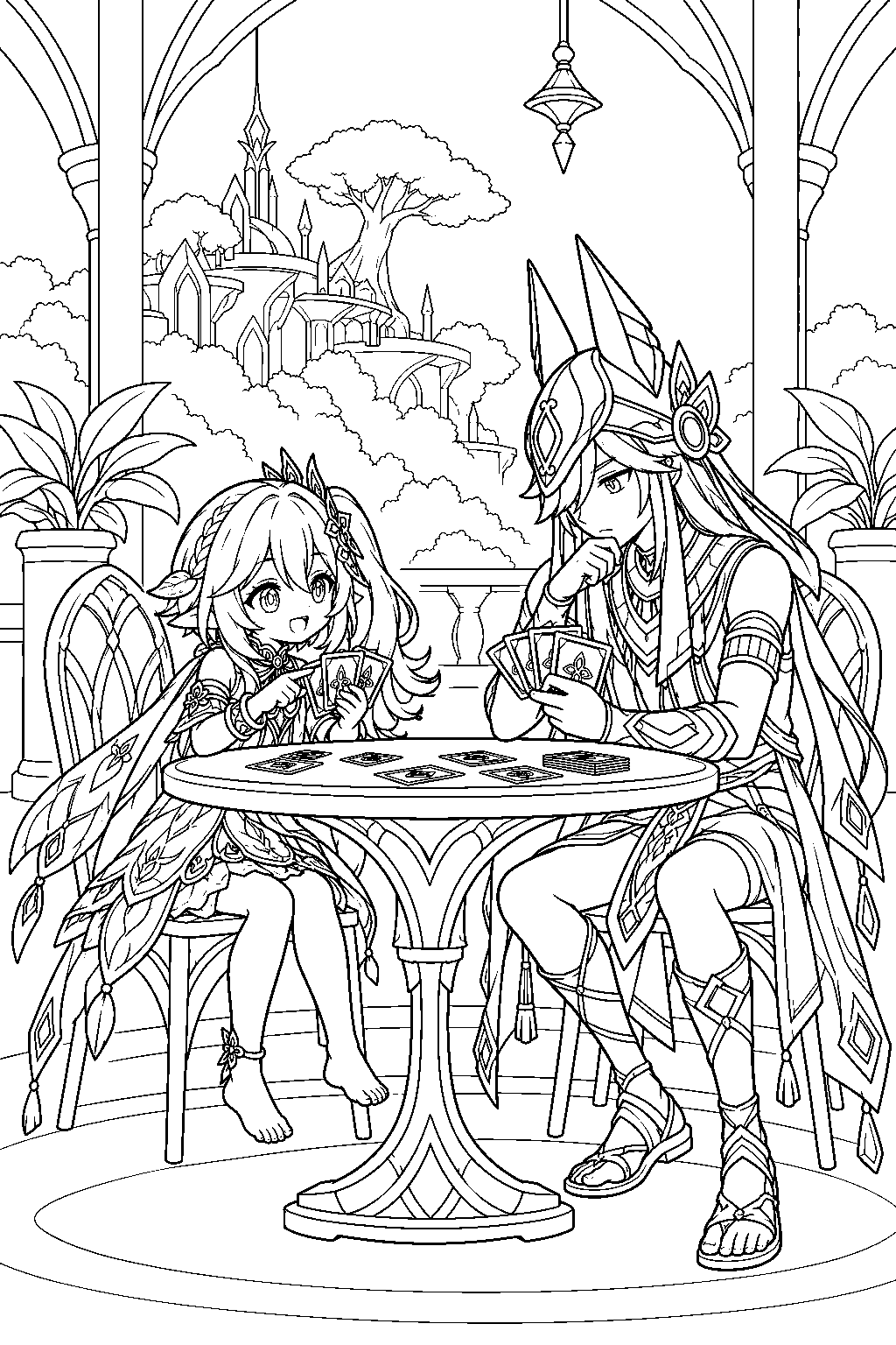 genshin impact nahida playing genius invokation tcg with cyno at a sumeru table line art