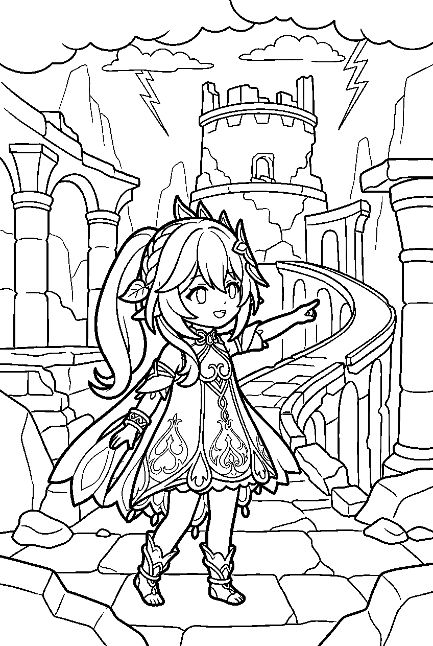 genshin impact nahida pointing in stormterror s lair line art