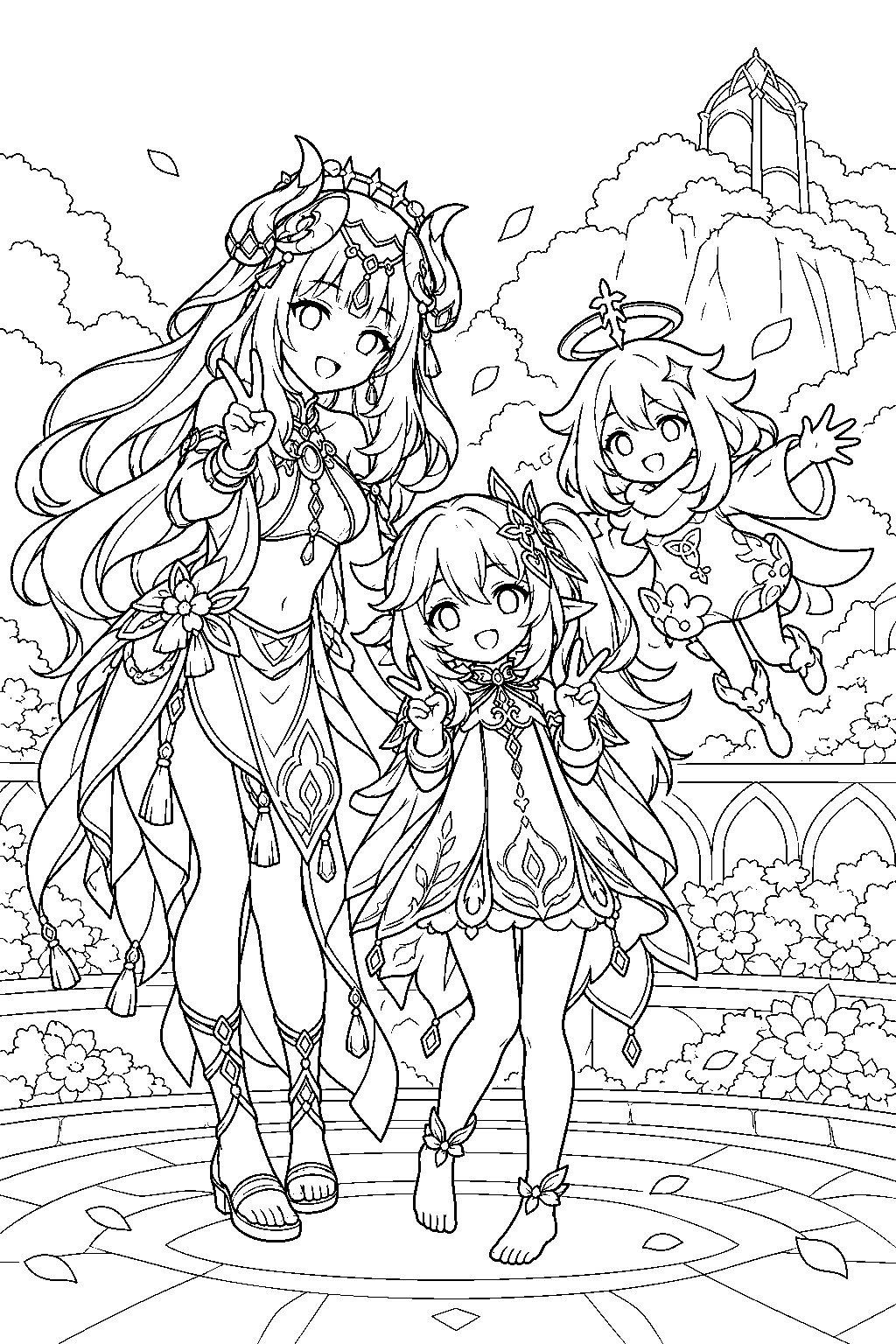 genshin impact nahida posing for a birthday photo with nilou and paimon line art