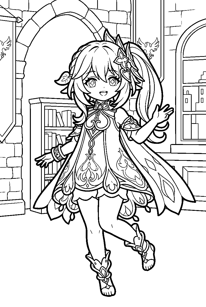 genshin impact nahida posing in knights of favonius headquarters line art