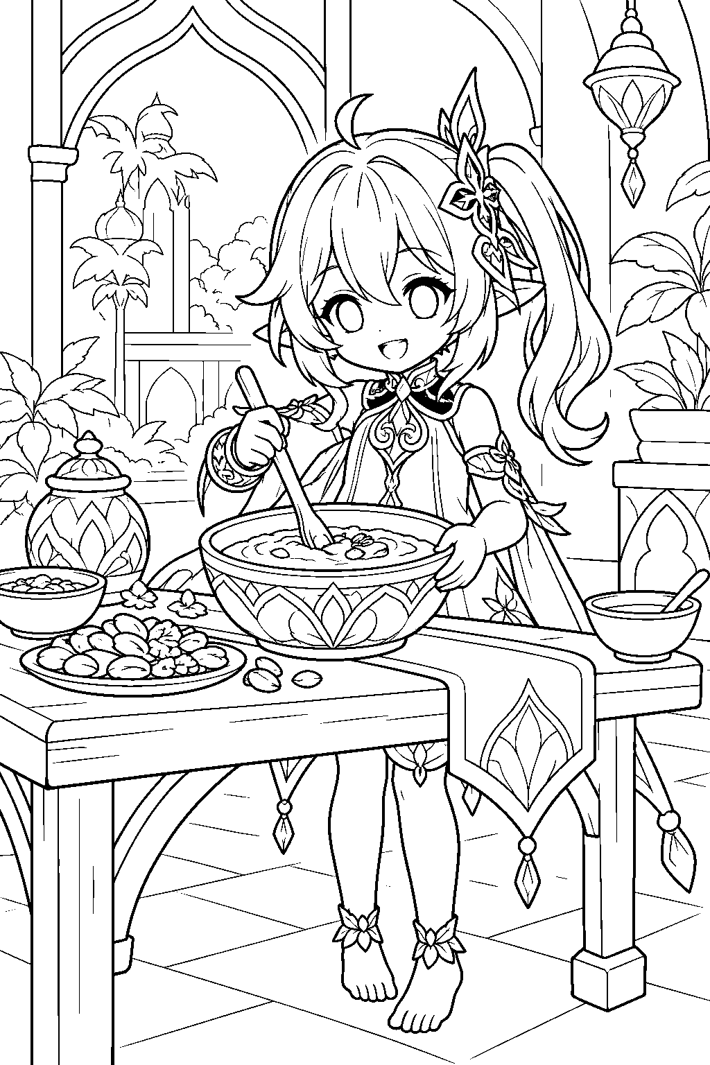genshin impact nahida preparing halvamazd in a sumeru kitchen line art