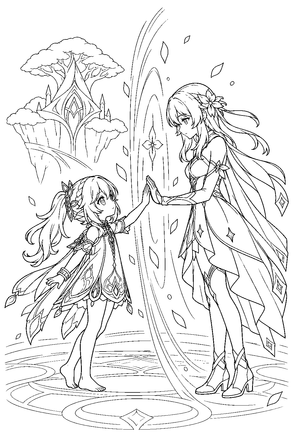 genshin impact nahida reaching toward lumine through a glowing dream barrier line art