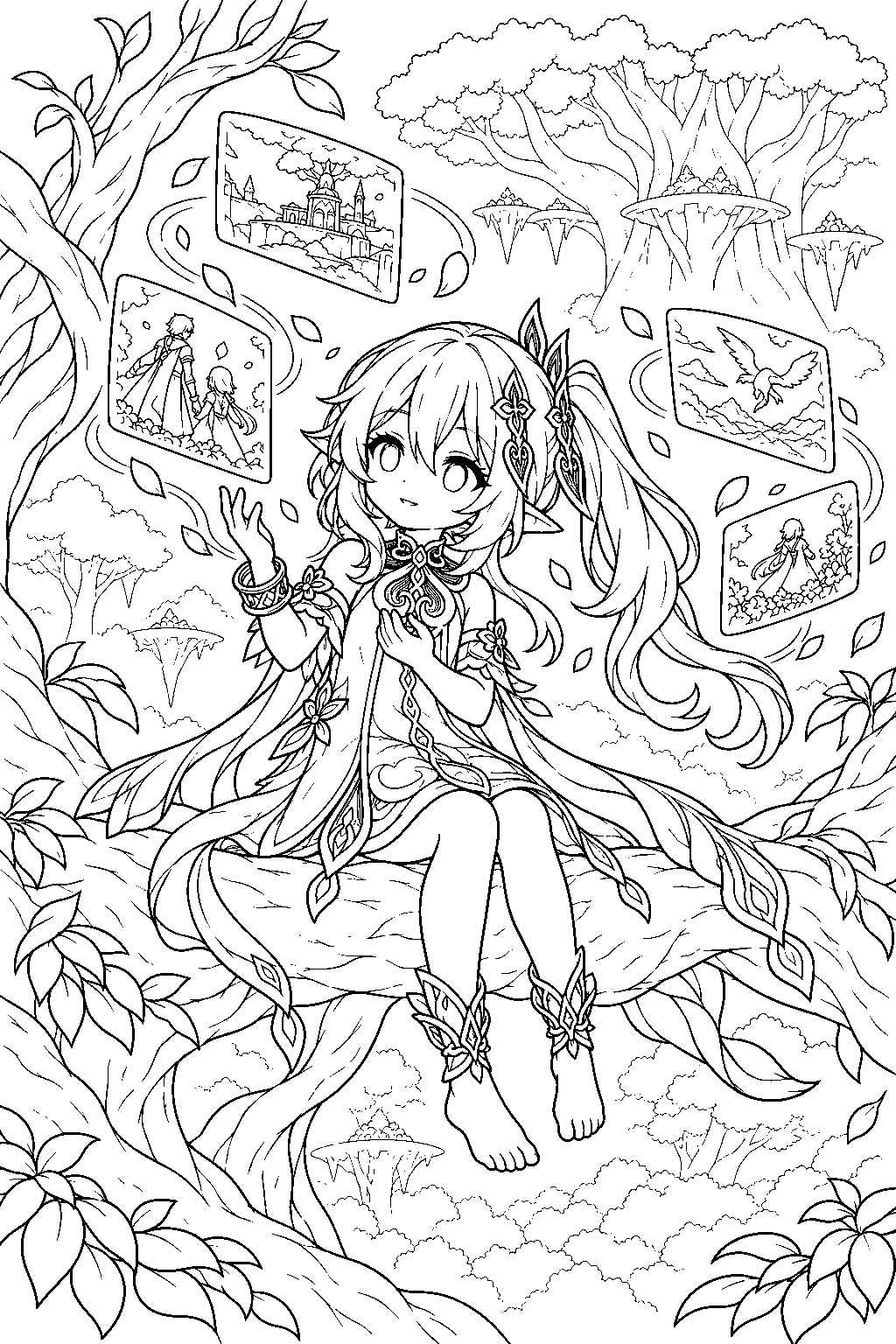 genshin impact nahida reading floating memories among the branches of irminsul line art