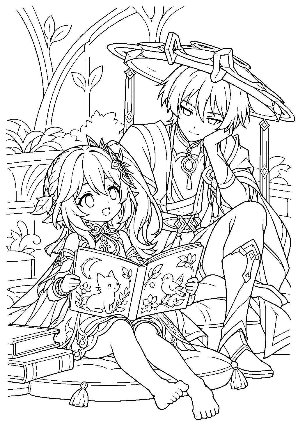 genshin impact nahida reading her cat and bird fairy tale to wanderer line art