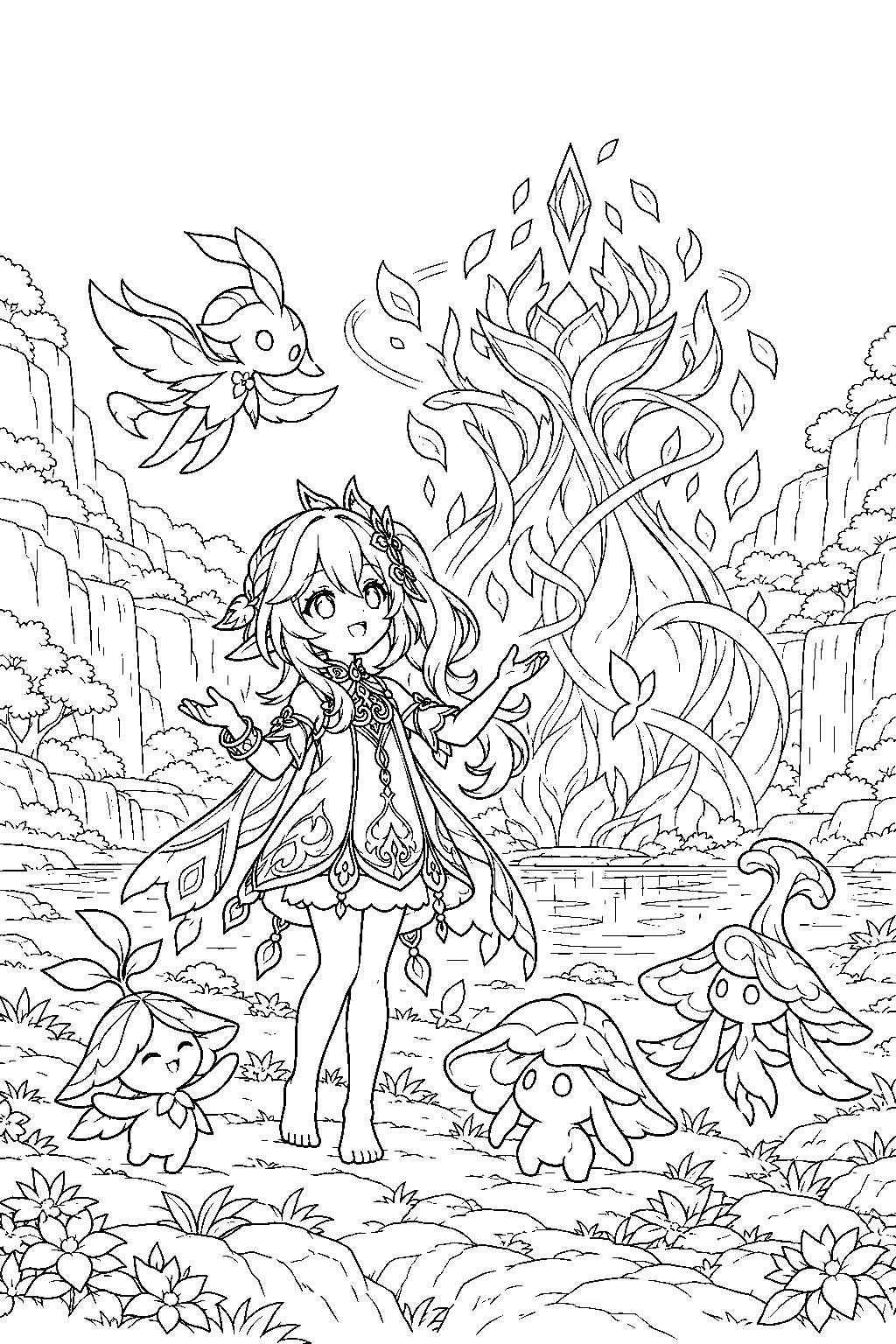 genshin impact nahida restoring the heart of oasis with elemental life forms line art