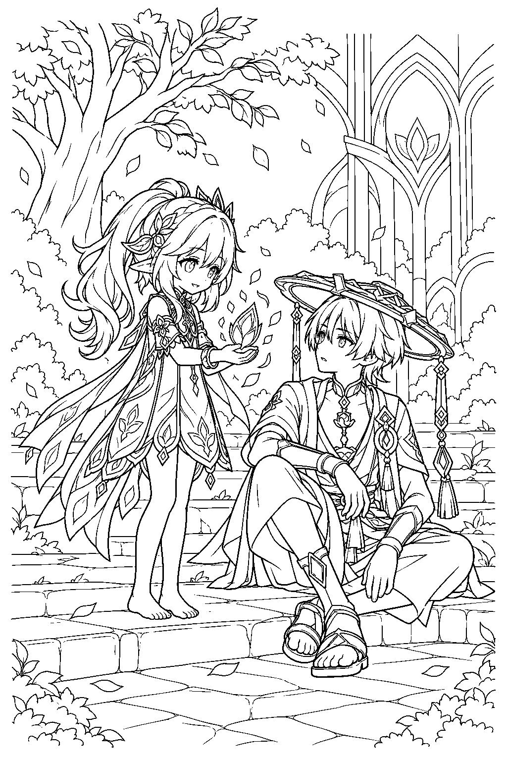 genshin impact nahida restoring wanderer s memories with a glowing memory fragment line art