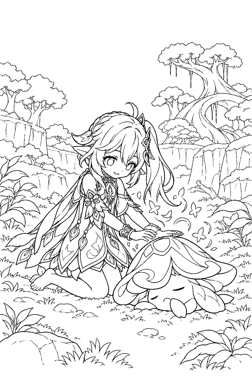genshin impact nahida reviving an unconscious elemental fungus near mawtiyima forest line art