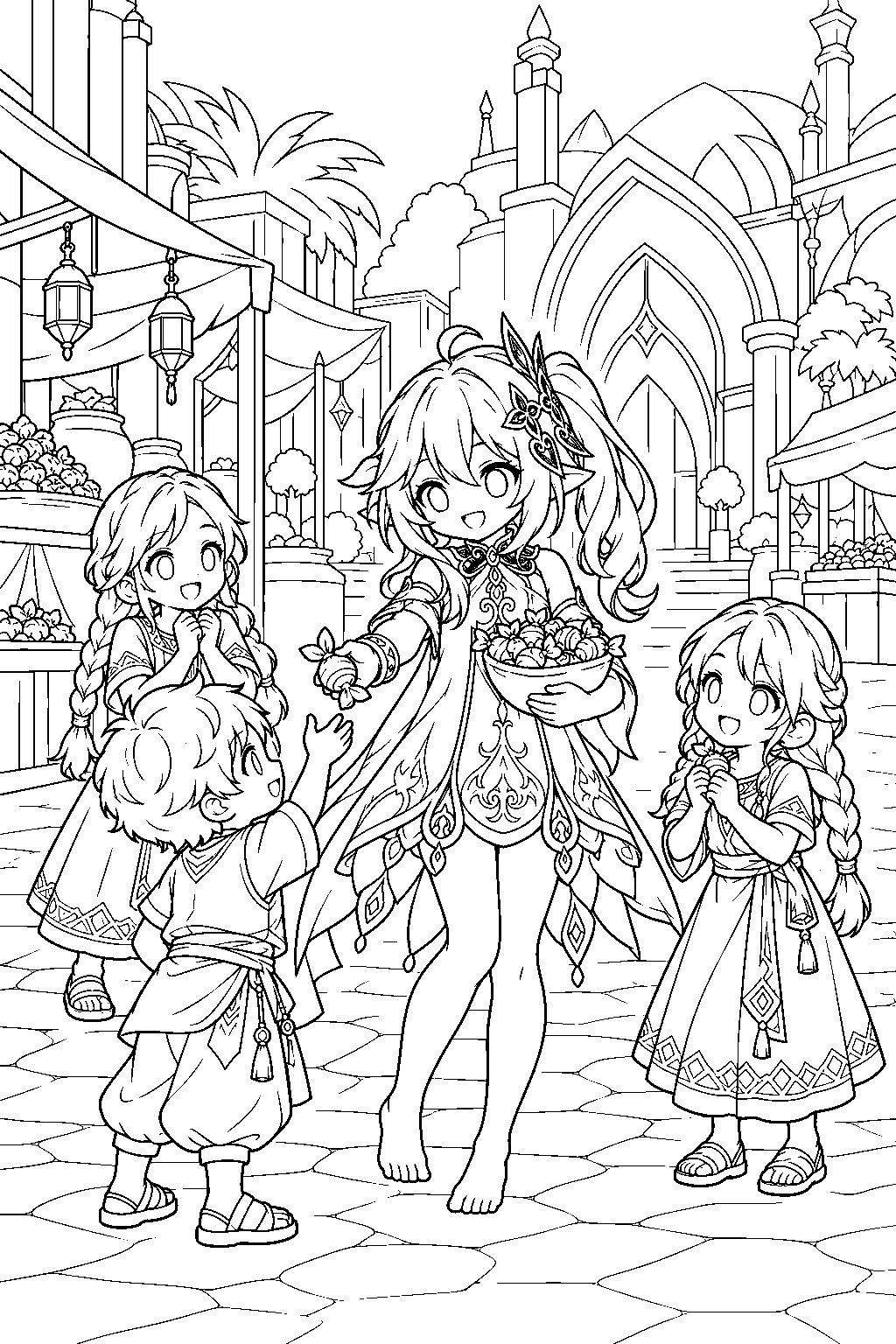genshin impact nahida sharing yalda candies with children at the grand bazaar line art