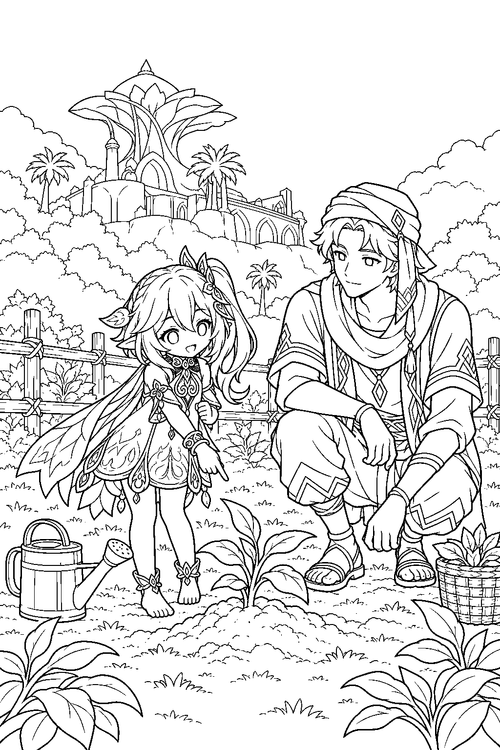 genshin impact nahida showing jahan how to care for crops outside sumeru city line art